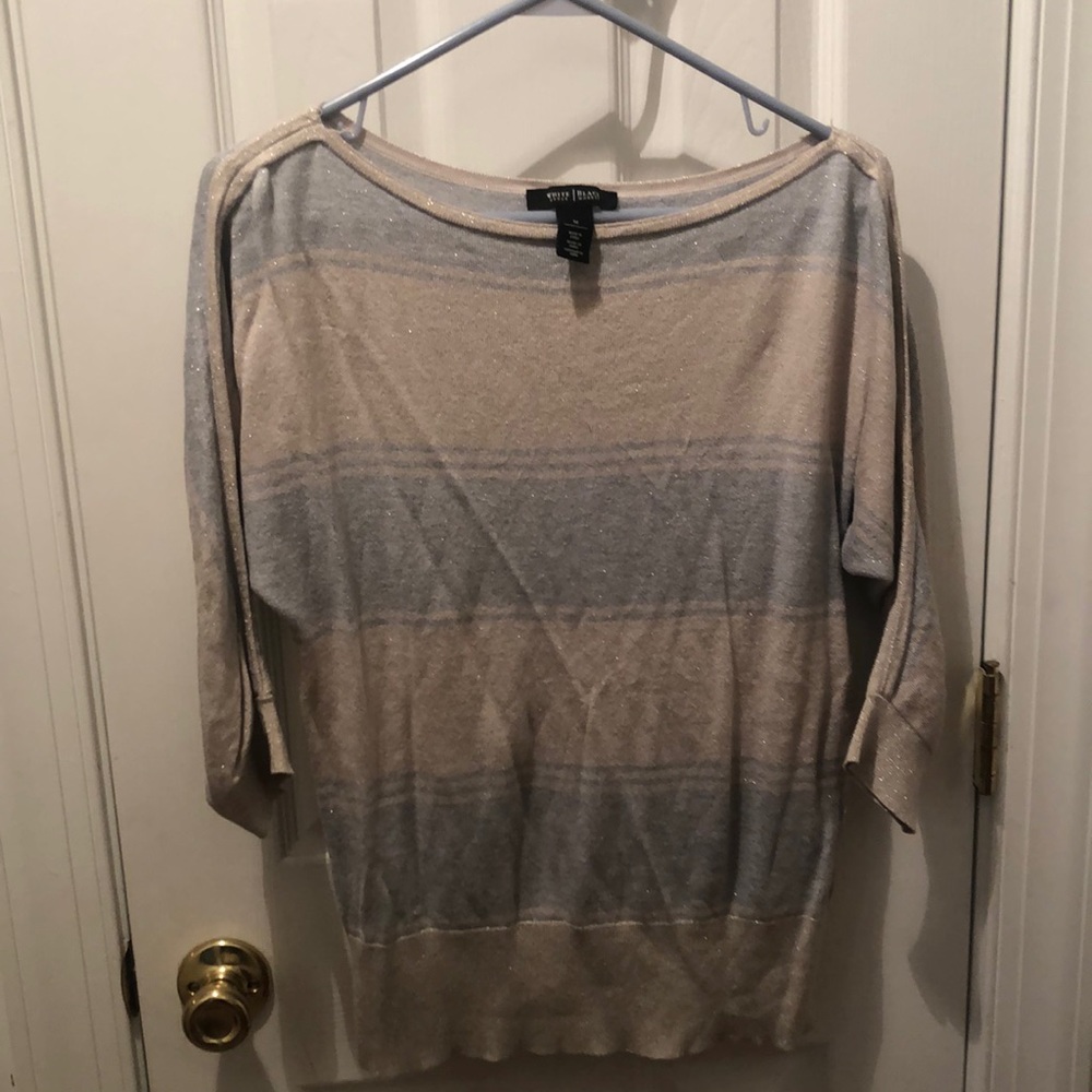 WHBM Gray Beige sparkle stripe Holiday dolman Sweater Medium